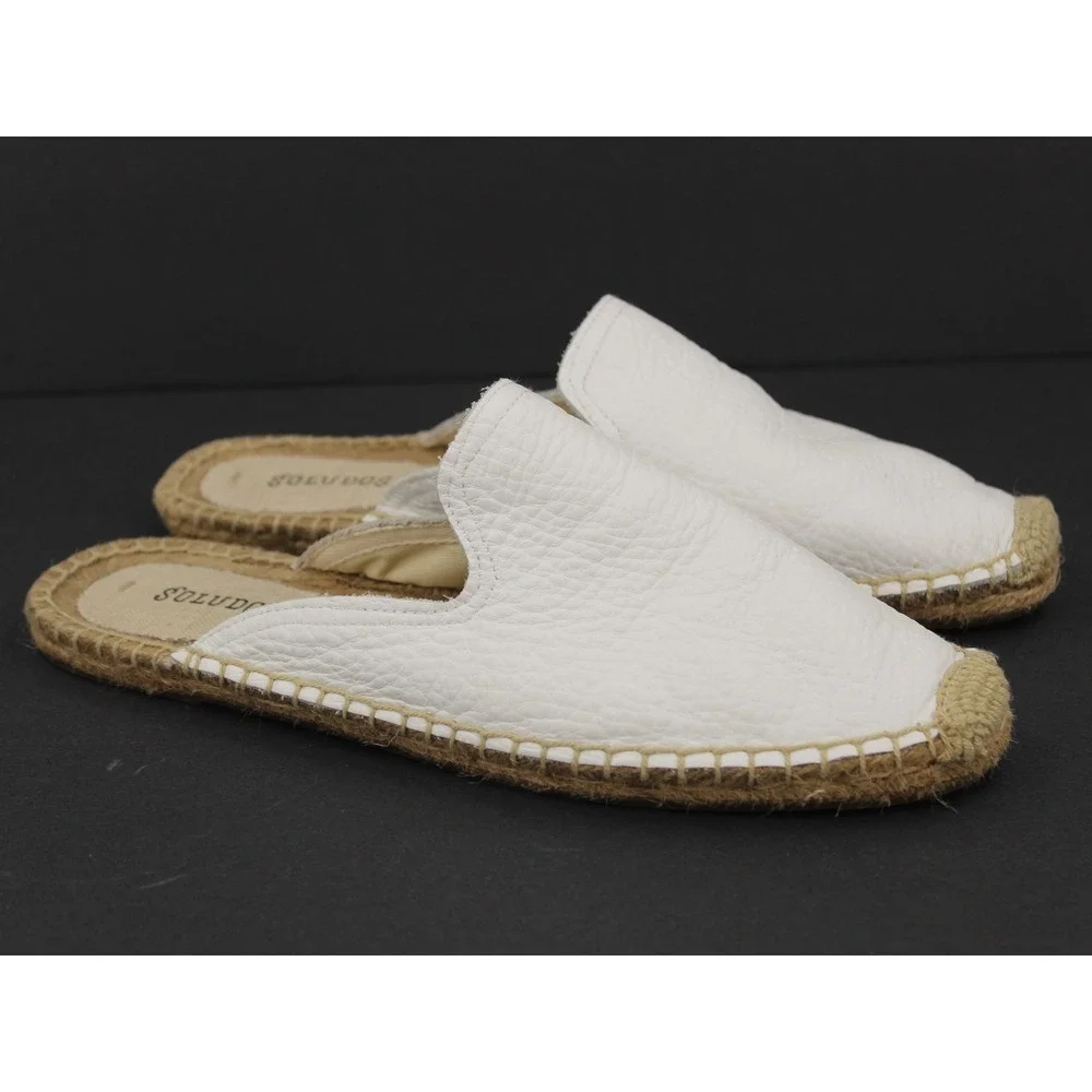 Soludos Pebbled Leather Espadrille Mules Size 8.5 White
